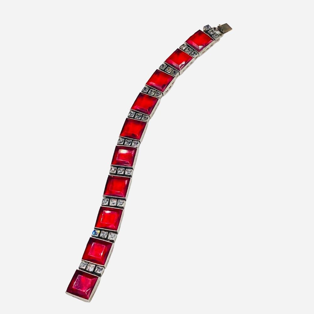Authentic Art Deco Red  and Clear Glass Link Bracelet Silver Tone Metal